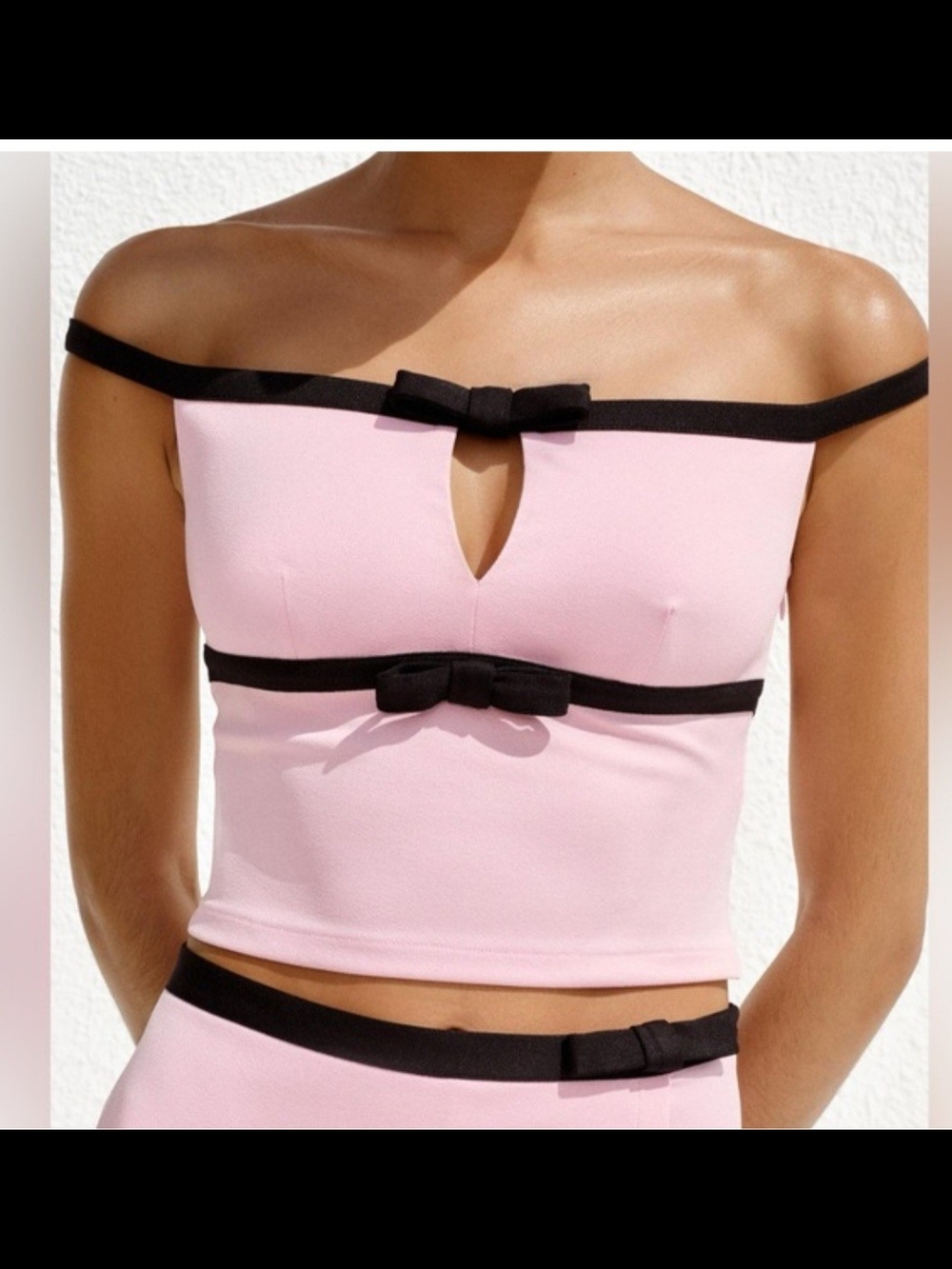 Zara Pink Off-Shoulder Black Bow Trim Crop Top Mediun